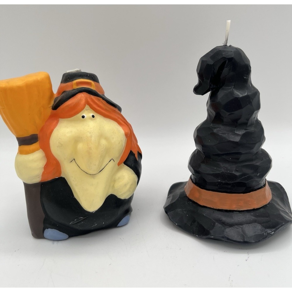 Vintage Halloween Witch Broom & Witch Hat Figural Candles Set of 2 Unburned
